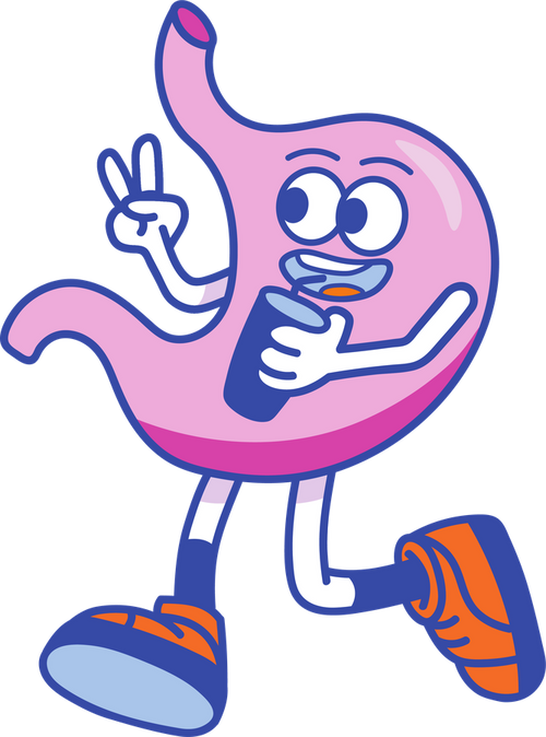 Gutty, the Better Blends stomach mascot, sipping a shake