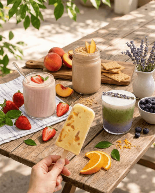 table scape of different smoothie and summer desserts