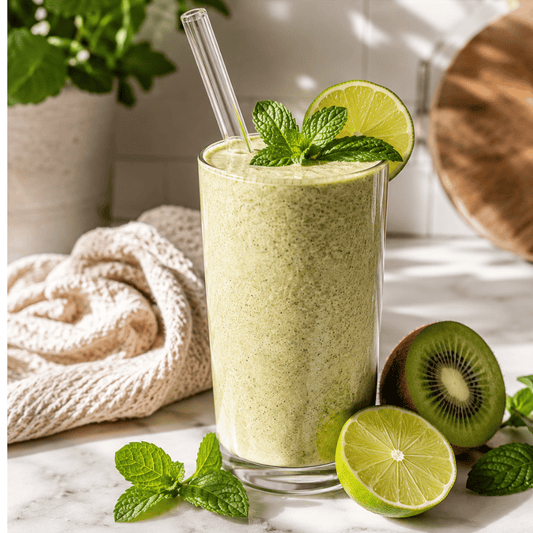Creamy piña colada-inspired protein smoothie topped with fresh lime zest and a pink umbrella, served beside a whole pineapple and lime.