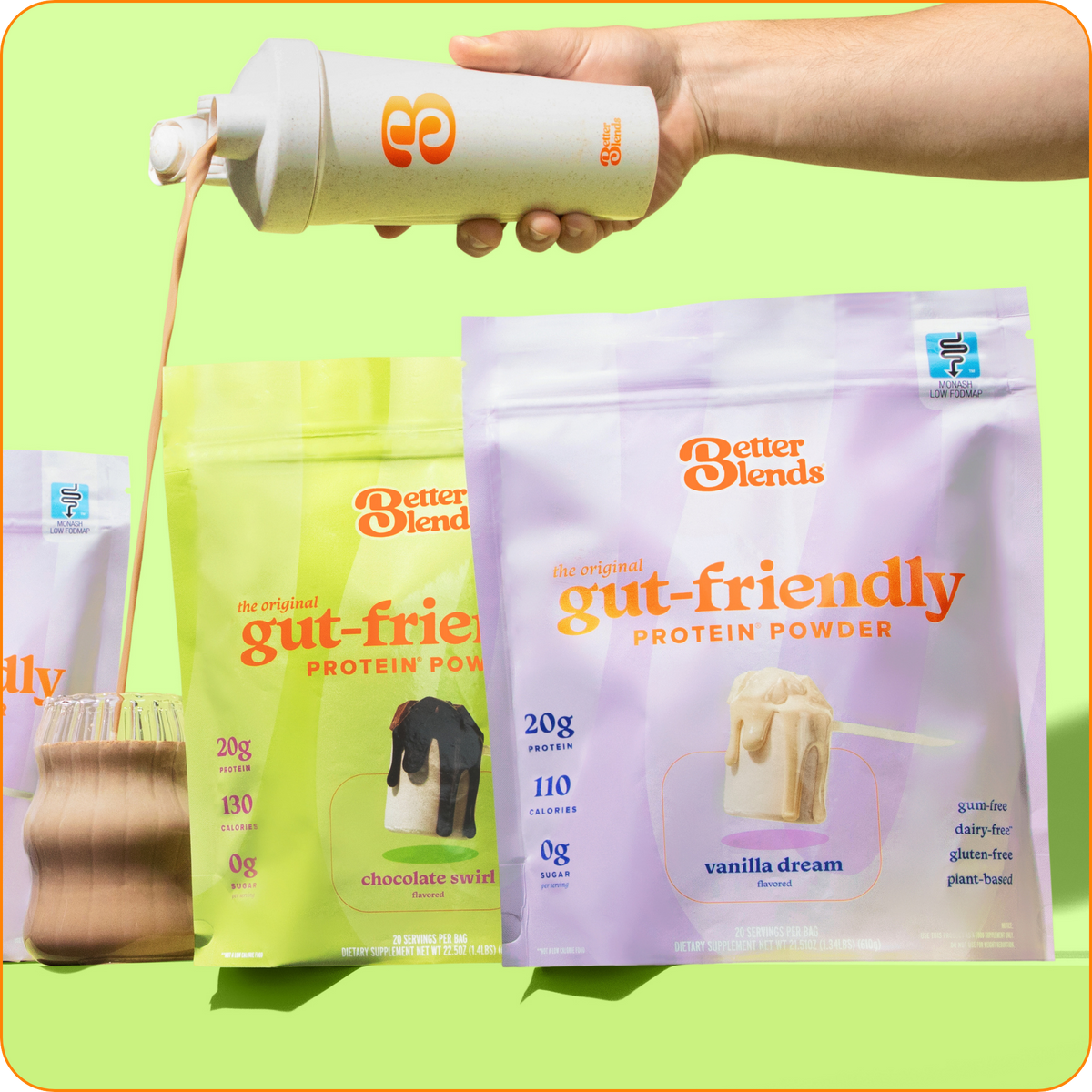 Better Blends Vanilla Dream and Chocolate Swirl bags with a shake being poured